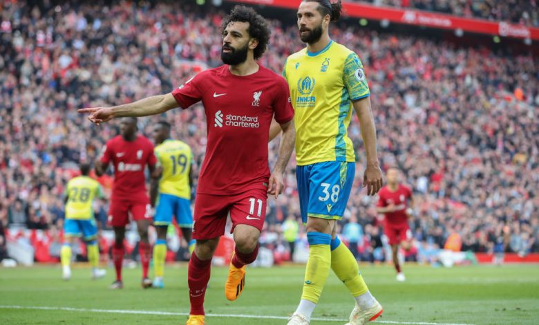 احتفال محمد صلاح بتسجيل هدف ليفربول الثالث أمام نوتنجهام فورست